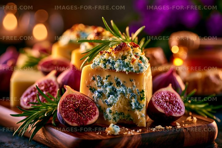 Cheese with figs arranged on a wooden platter with herbs