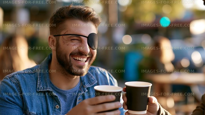 Man with eye patch enjoying coffee outdoors