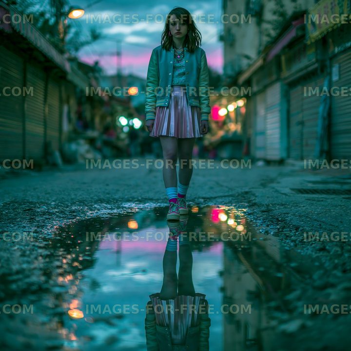 Girl standing on a wet street reflecting lights and colors