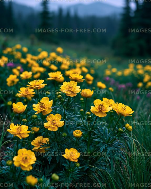 Yellow flowers in a green field under cloudy skies