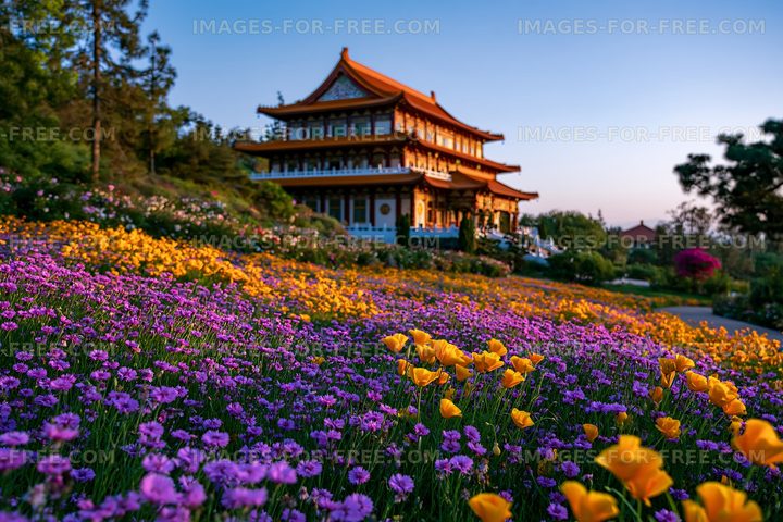 Flowers surround a traditional building at sunset in a garden