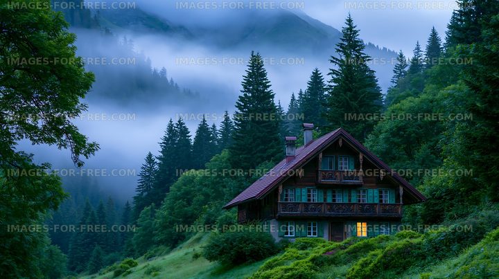Scenic house in the forest during misty evening light