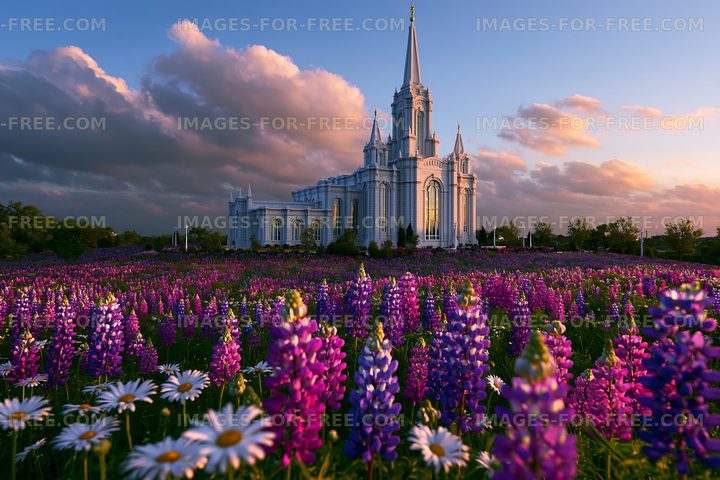 Flowers and church building during sunset with clouds in sky