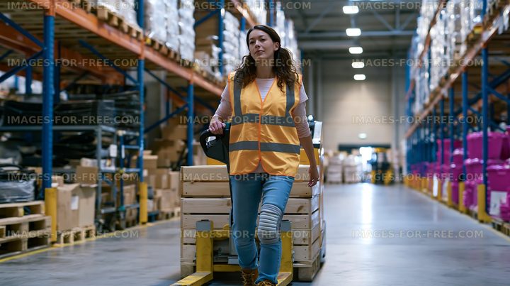 Woman walking with cart in a warehouse during daylight hours