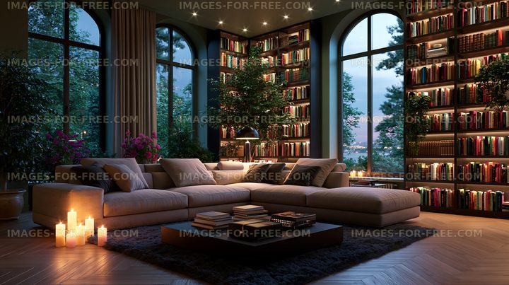 Cozy living room with bookshelves and candles at dusk