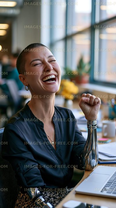 Woman with prosthetic arms laughing in a modern office environment