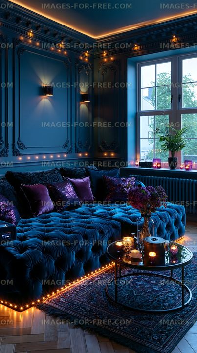 Cozy blue living room with decorative lights and plants