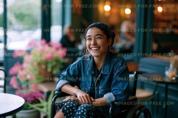 Woman in wheelchair smiles while sitting in a cafe with plants