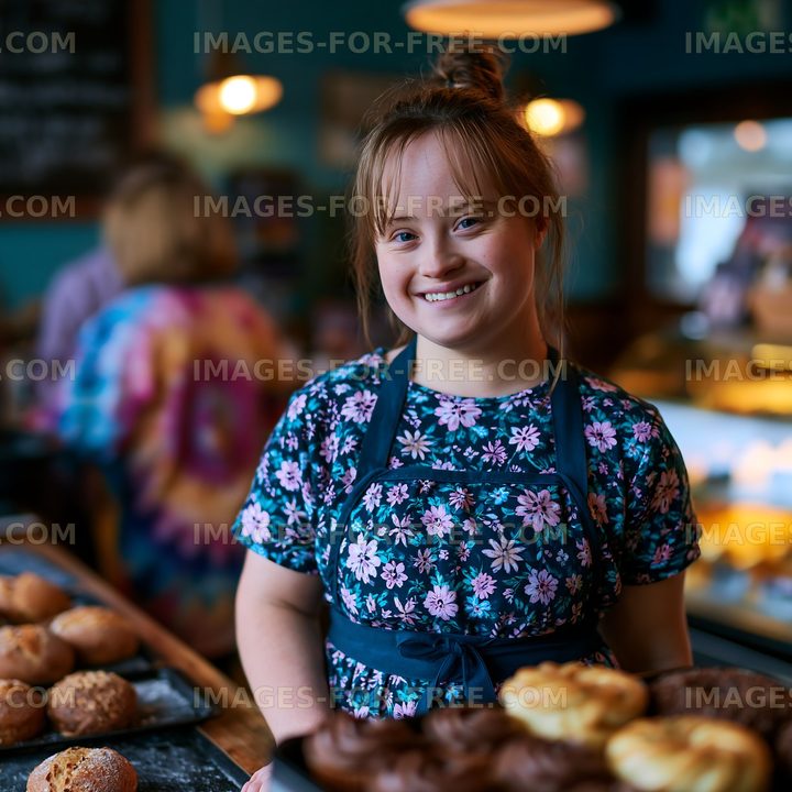 Girl in apron holding baked goods at a cafe