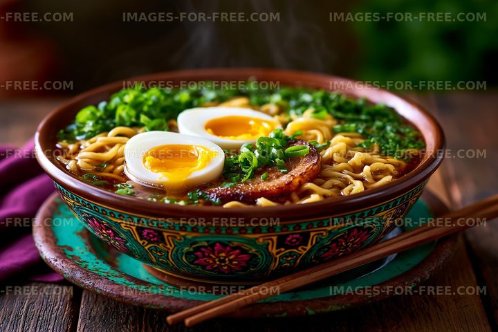 Delicious ramen bowl with soft boiled eggs and green herbs