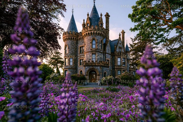Historic stone castle surrounded by purple flowers at sunset