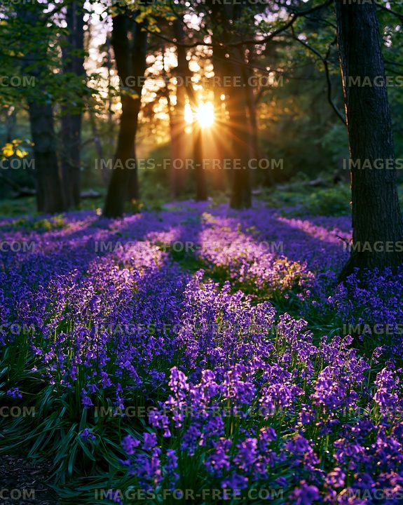 Sunlight shining through trees over a field of purple flowers