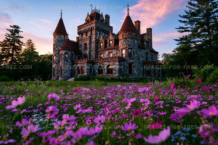 Historic stone mansion surrounded by flowers at sunset