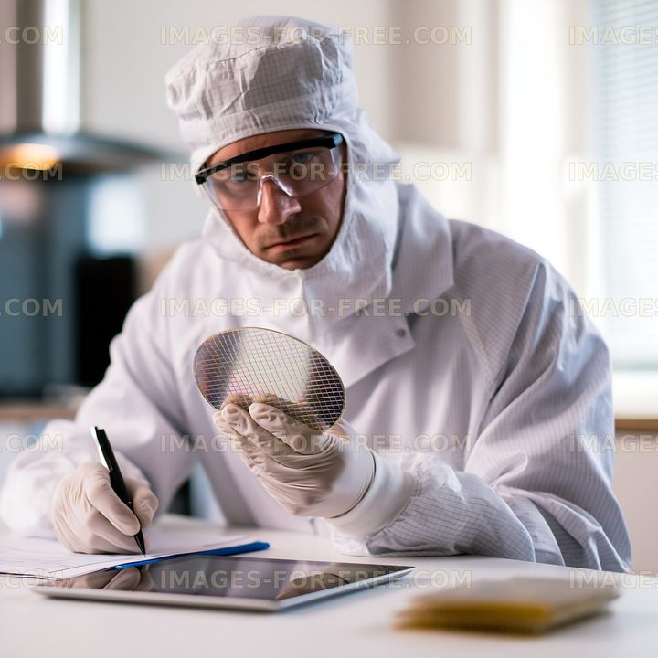 Scientist examining silicon wafer in cleanroom environment