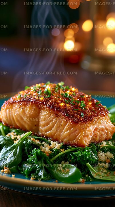 Grilled salmon on a bed of greens with a warm glow