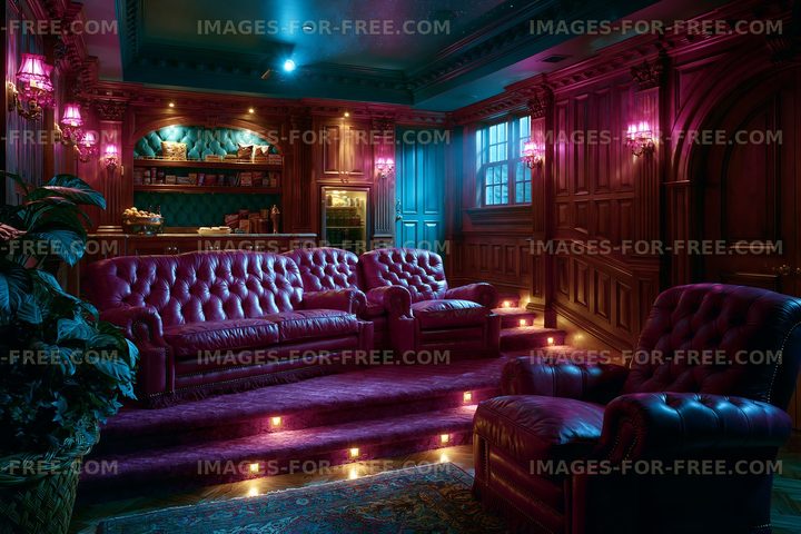 Luxurious home theater with plush seating and dim lighting