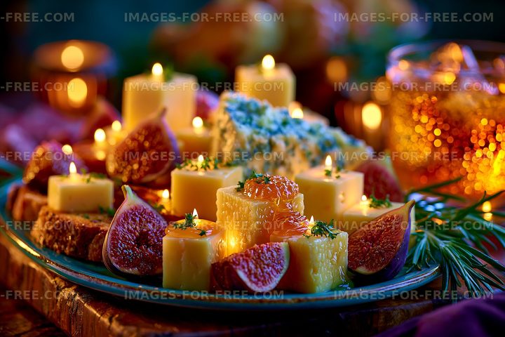 Cheese platter with candles and figs on a wooden table