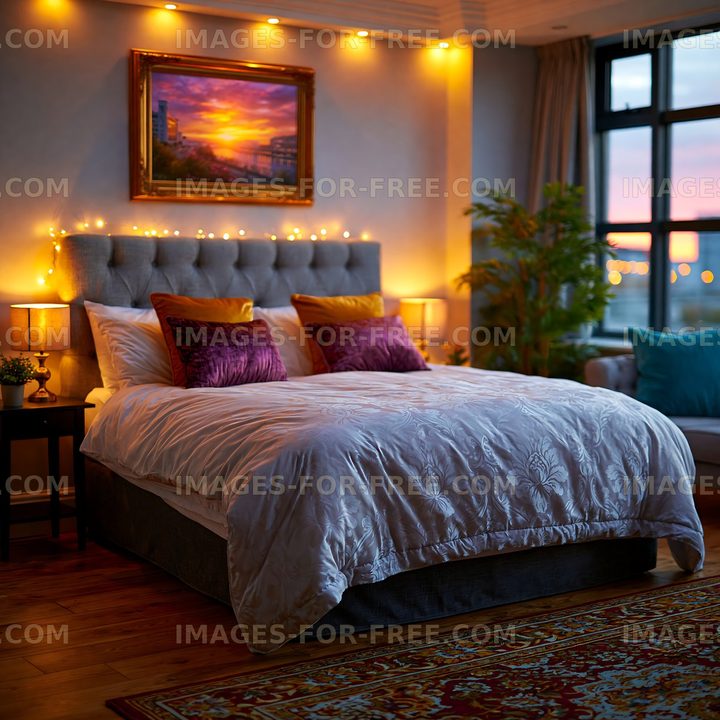Cozy bedroom setup with decorative lights and artwork
