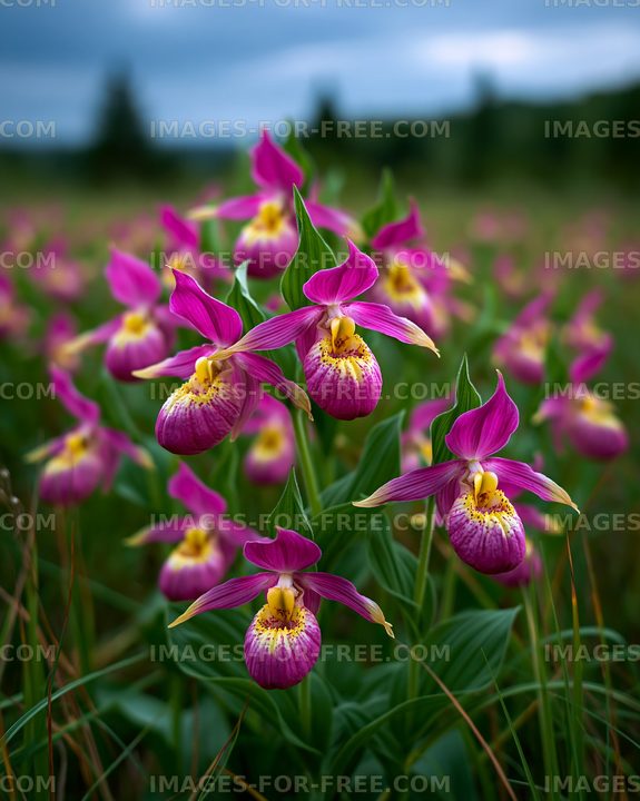 Colorful orchids in a green field under a cloudy sky