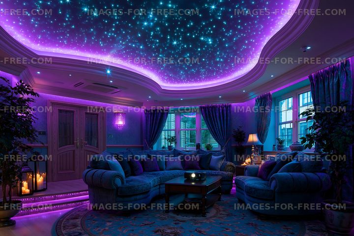 Cozy living room with starry ceiling and purple lighting