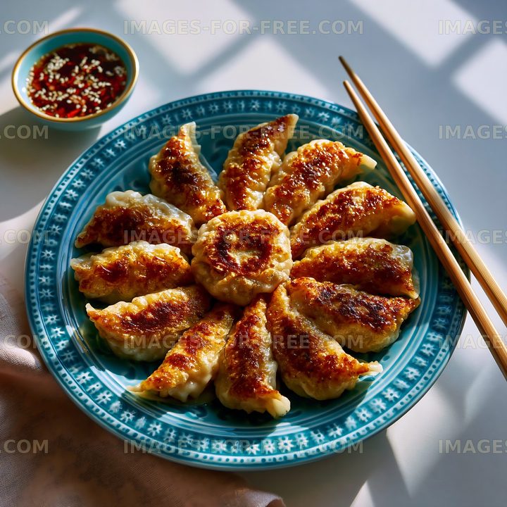 Dumplings served on a blue plate with dipping sauce and chopsticks
