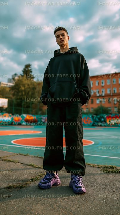 Young man standing on basketball court with colorful graffiti