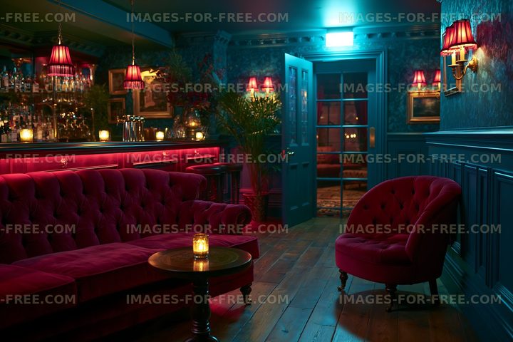 Cozy lounge area with red furniture and soft lighting