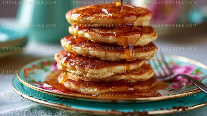 Stack of pancakes with syrup on a decorative plate