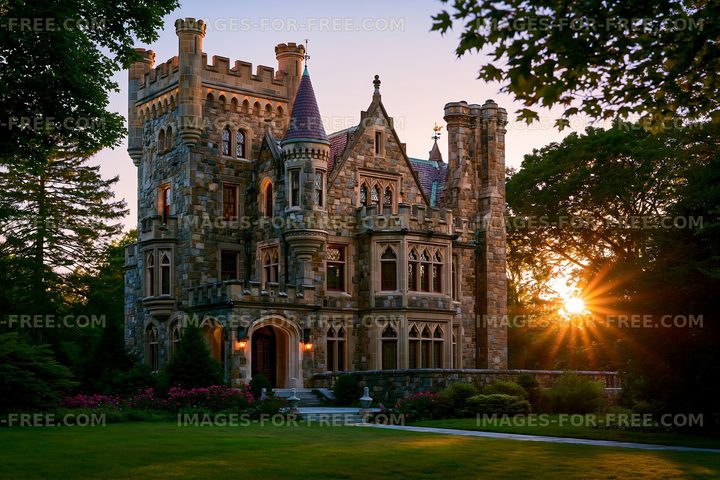 Historic stone castle with towers at sunset