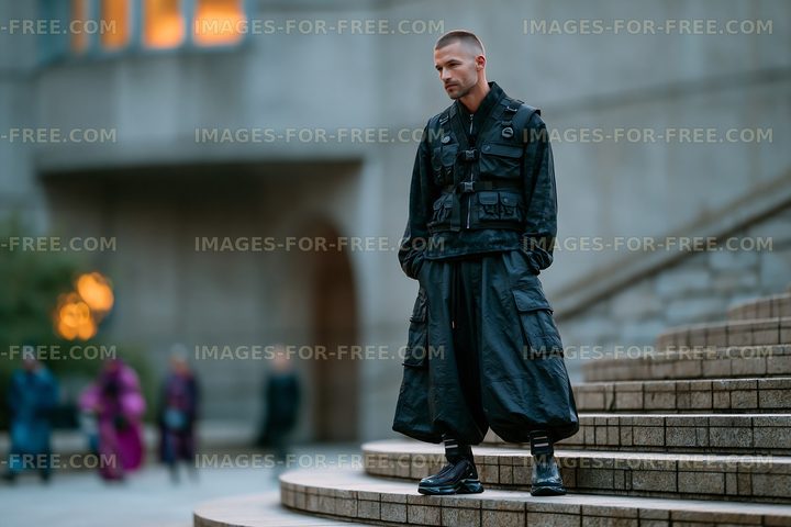 Man in black clothing stands on steps in urban area during evening