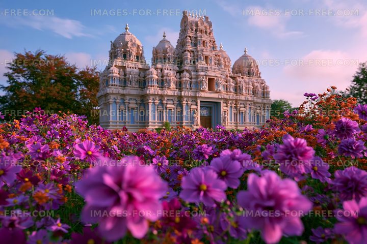 Temple surrounded by flowers during daylight