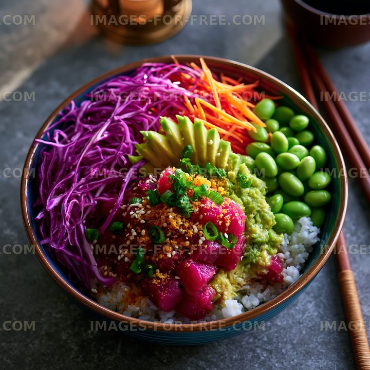 Bright bowl of rice topped with fresh vegetables and seafood