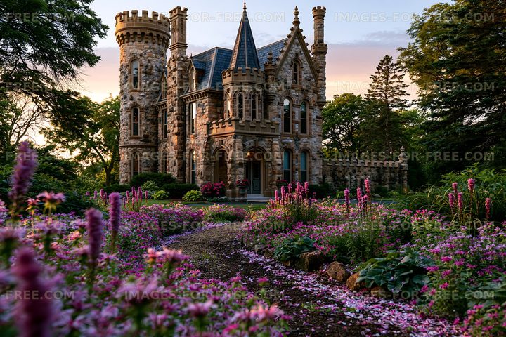 Stone castle surrounded by flowers in a garden at sunset