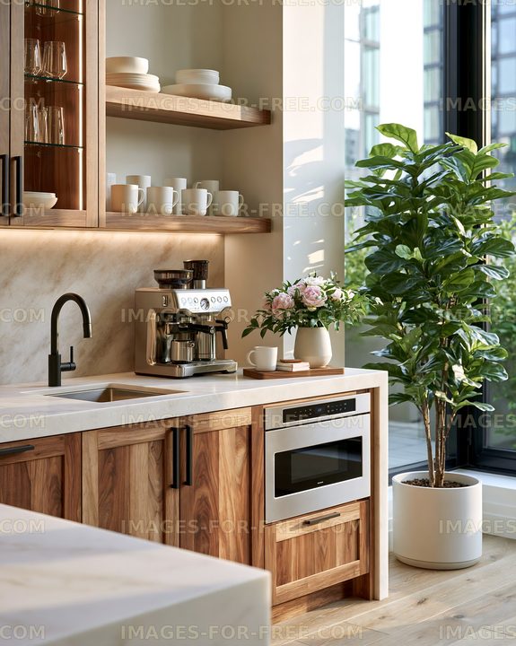 Modern kitchen with coffee maker and plants in bright room