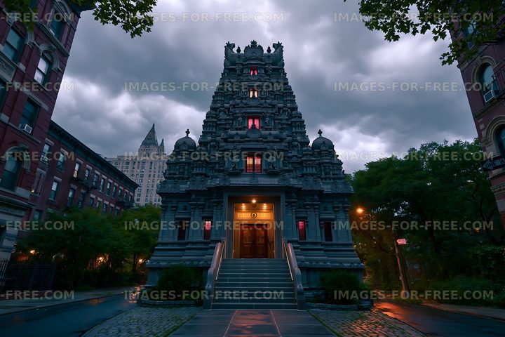 Temple structure under cloudy sky during evening hours
