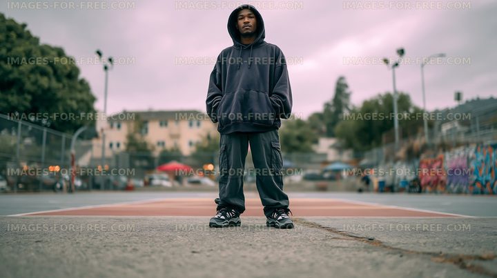 Young person stands on basketball court wearing casual clothing