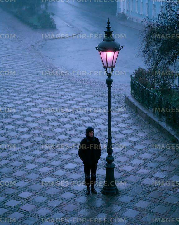 Person standing under a lamp post on a rainy street