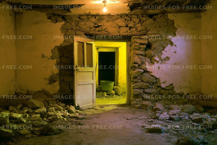 Abandoned room with broken walls and an open door