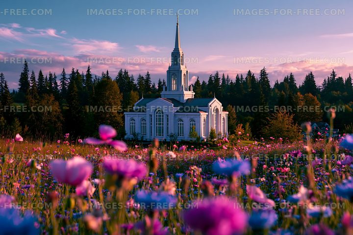 Church surrounded by flowers near forest during sunset