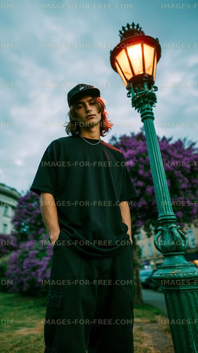 Young man standing by a lamppost near purple flowers in a park