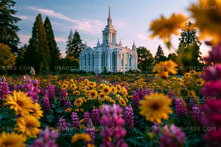 Beautiful flowers in bloom near a white building at sunset