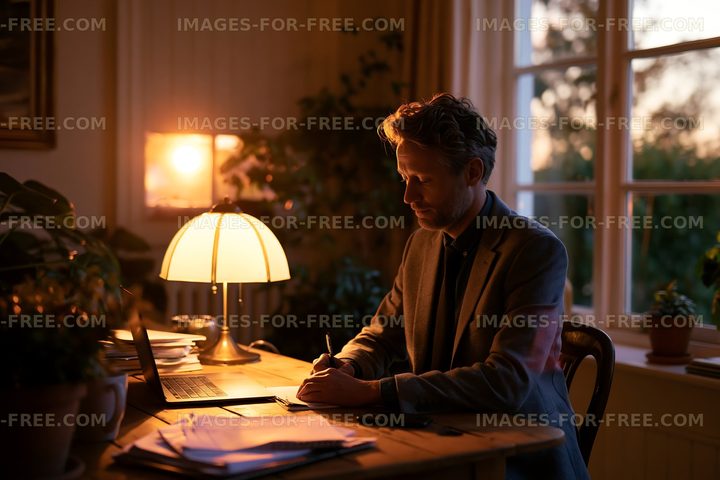 Working at a desk with a laptop and lamp in warm evening light