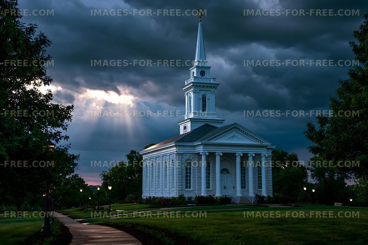 Church building under dark clouds with rays of light