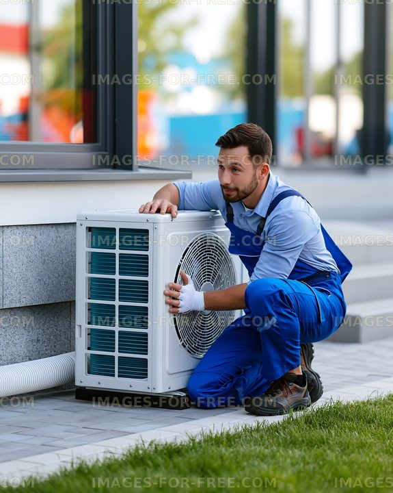 Worker installing air conditioning unit at residential building