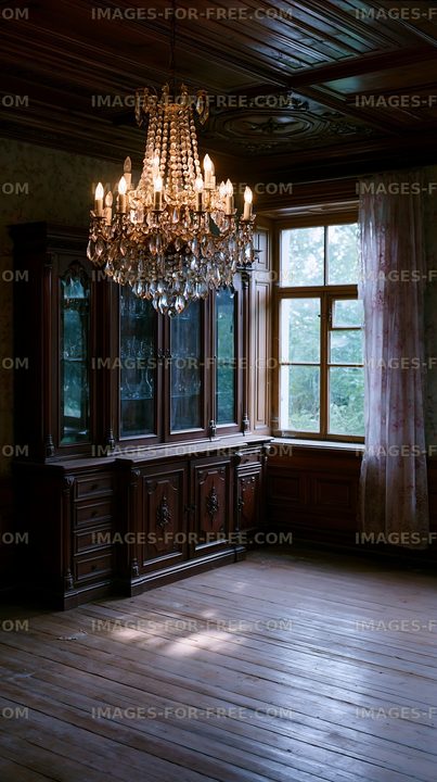 Elegant chandelier illuminates vintage wooden room with windows