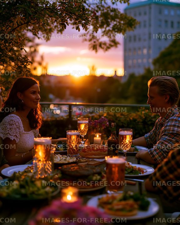 Couple enjoys dinner with drinks during sunset at outdoor table