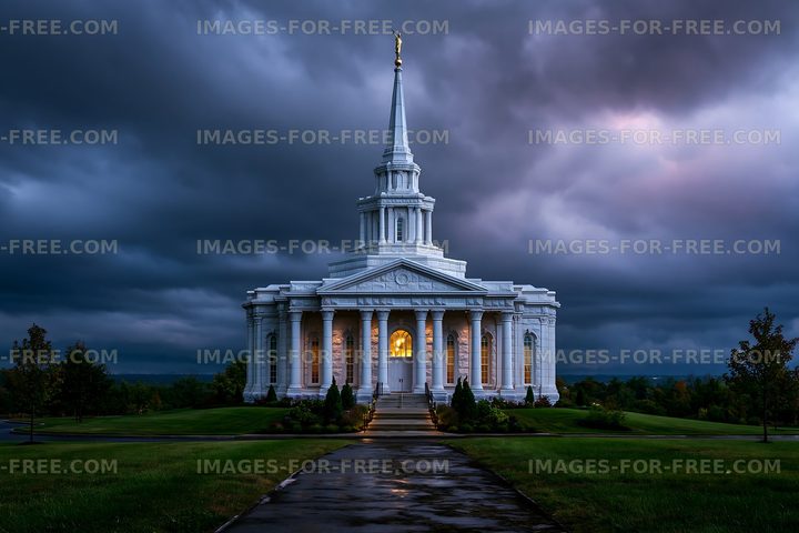 Building with a tall spire under a cloudy sky in the evening
