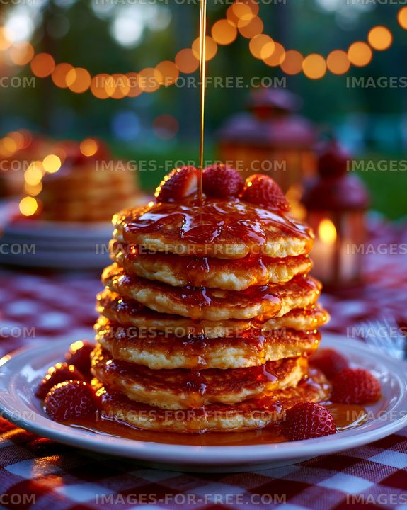 Stack of pancakes with syrup and strawberries on a plate