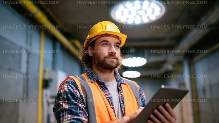 Construction worker using tablet in industrial setting