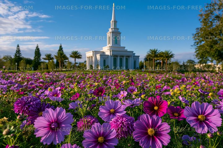 Colorful flowers in front of a religious building on a clear day